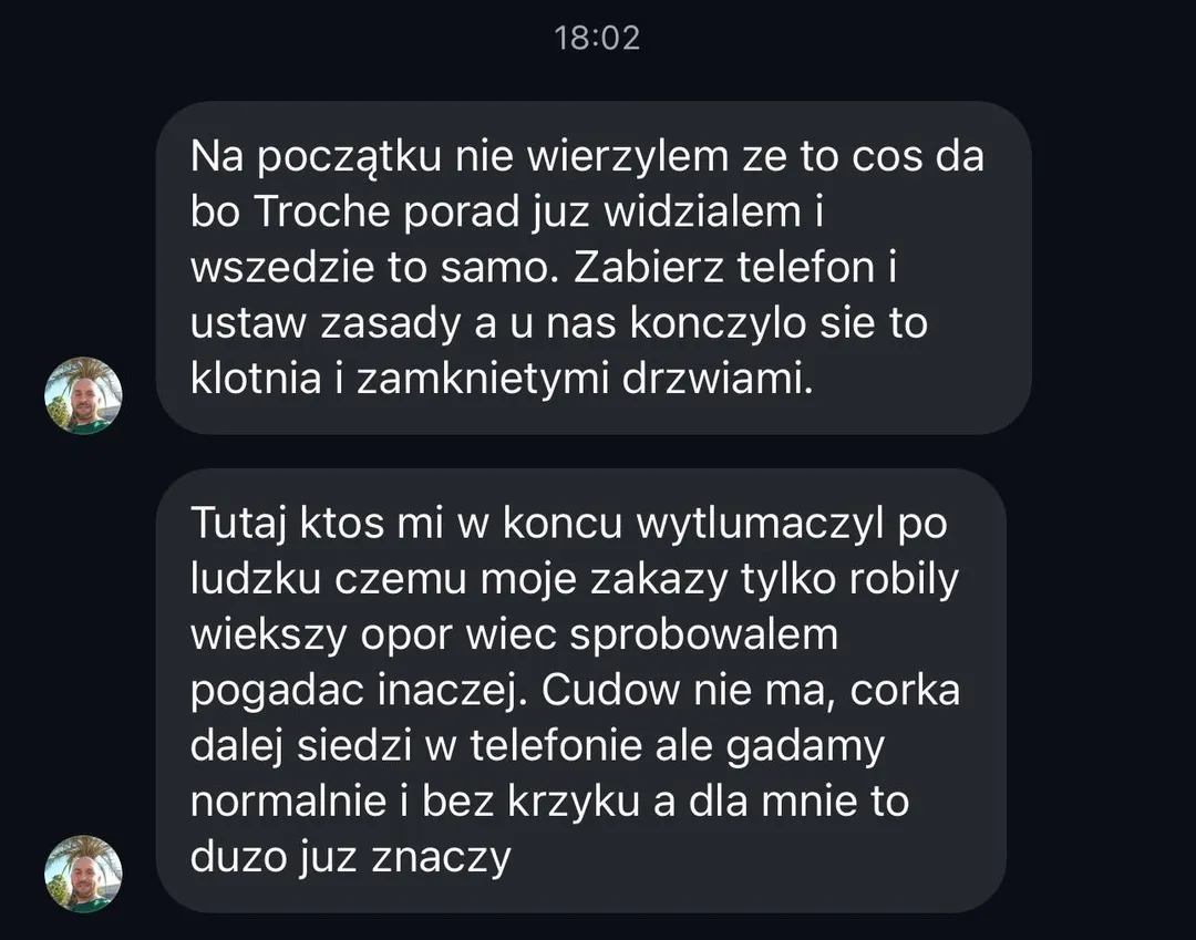 Wiadomość prywatna od Marcina — nie wierzył, że pomoże, ale ktoś wytłumaczył mu po ludzku, czemu zakazy zwiększały opór; teraz rozmawia z córką normalnie i bez krzyku