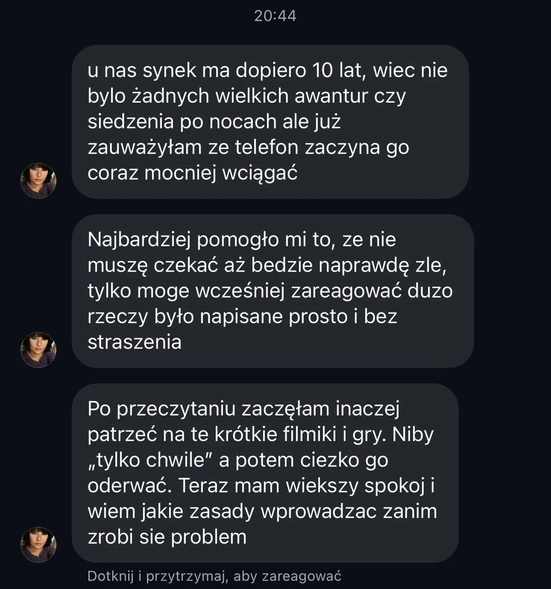 Wiadomość prywatna od Moniki — syn ma dopiero 10 lat, jeszcze bez awantur, ale telefon zaczął go wciągać; dzięki prostym wskazówkom wie, jakie zasady wprowadzić, zanim zrobi się problem